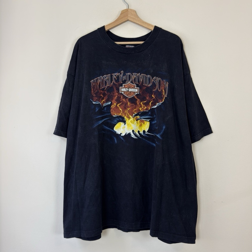 Vintage Harley Davidson Motorcycles Skull Eagle Flames Black Tee Shirt - 3XL
